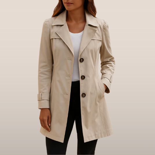 Ladies Trench Coat with Buttons - Intermediate Season Jacket with Collar