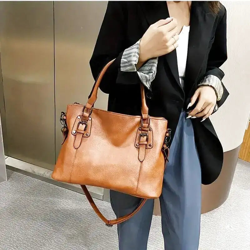 ERATO - Large capacity vintage soft leather hand bag with shoulder strap