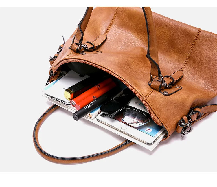 ERATO - Large capacity vintage soft leather hand bag with shoulder strap