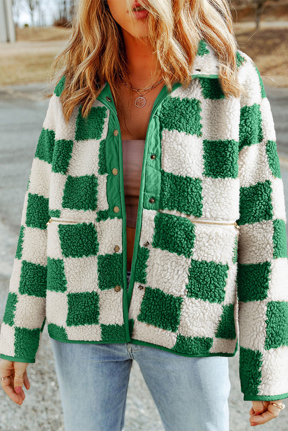 Checked sherpa jacket with press studs for women