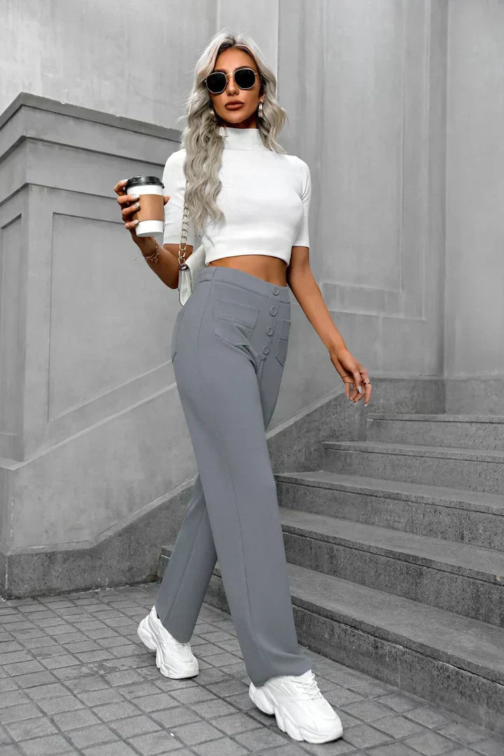 High-waisted women's trousers with button placket and stretch