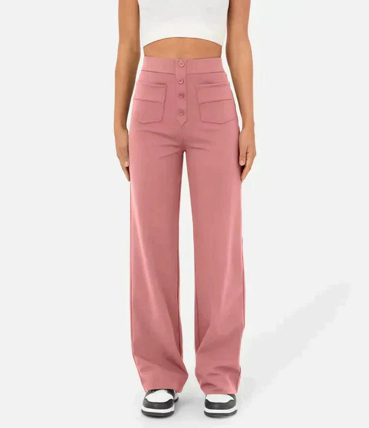 High-waisted women's trousers with button placket and stretch