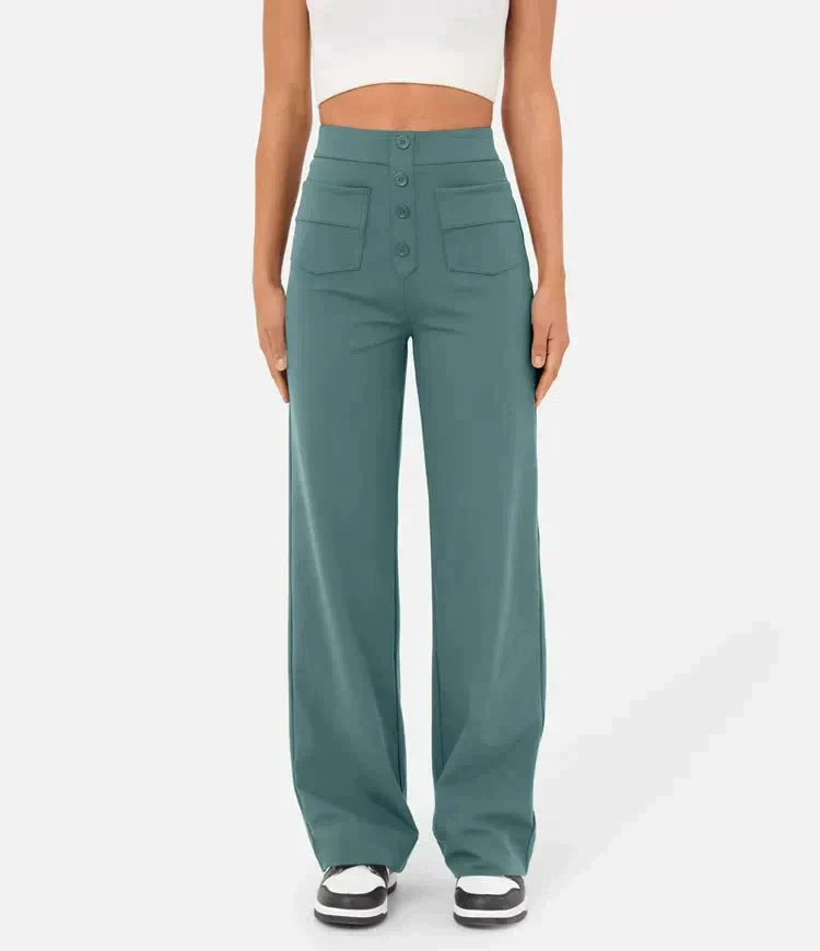 High-waisted women's trousers with button placket and stretch