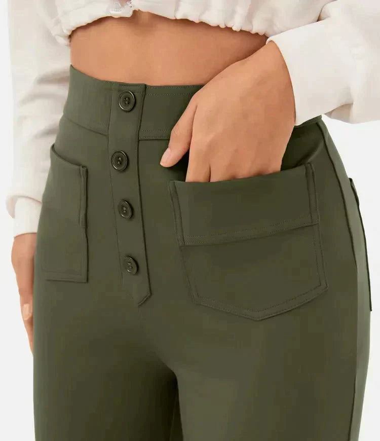 High-waisted women's trousers with button placket and stretch