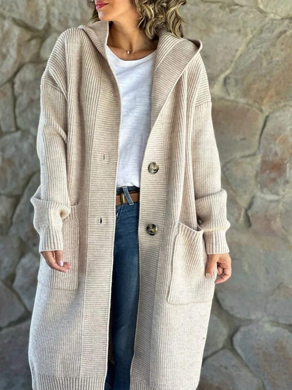 Beige knitted hooded jacket for women