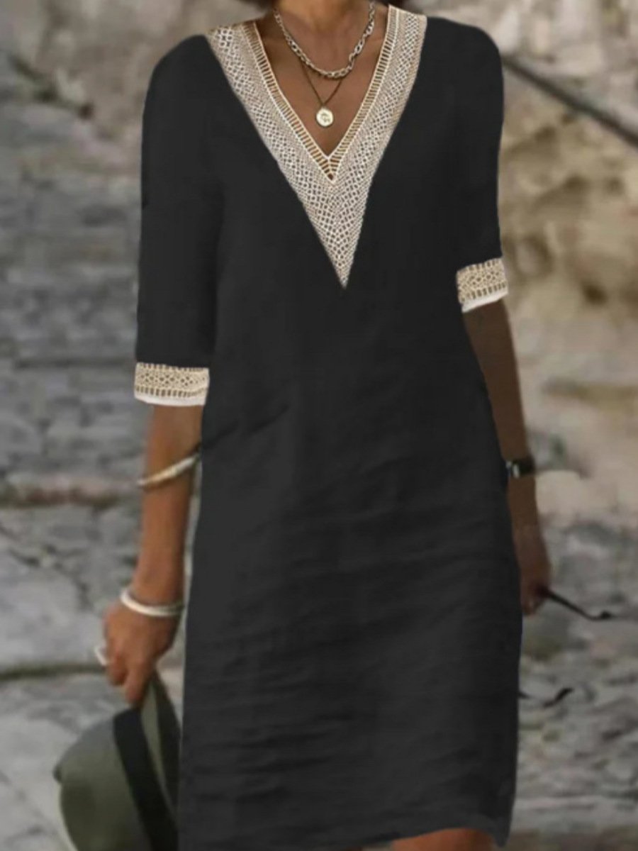 Chic linen-blend dress with V-neck and lace trim