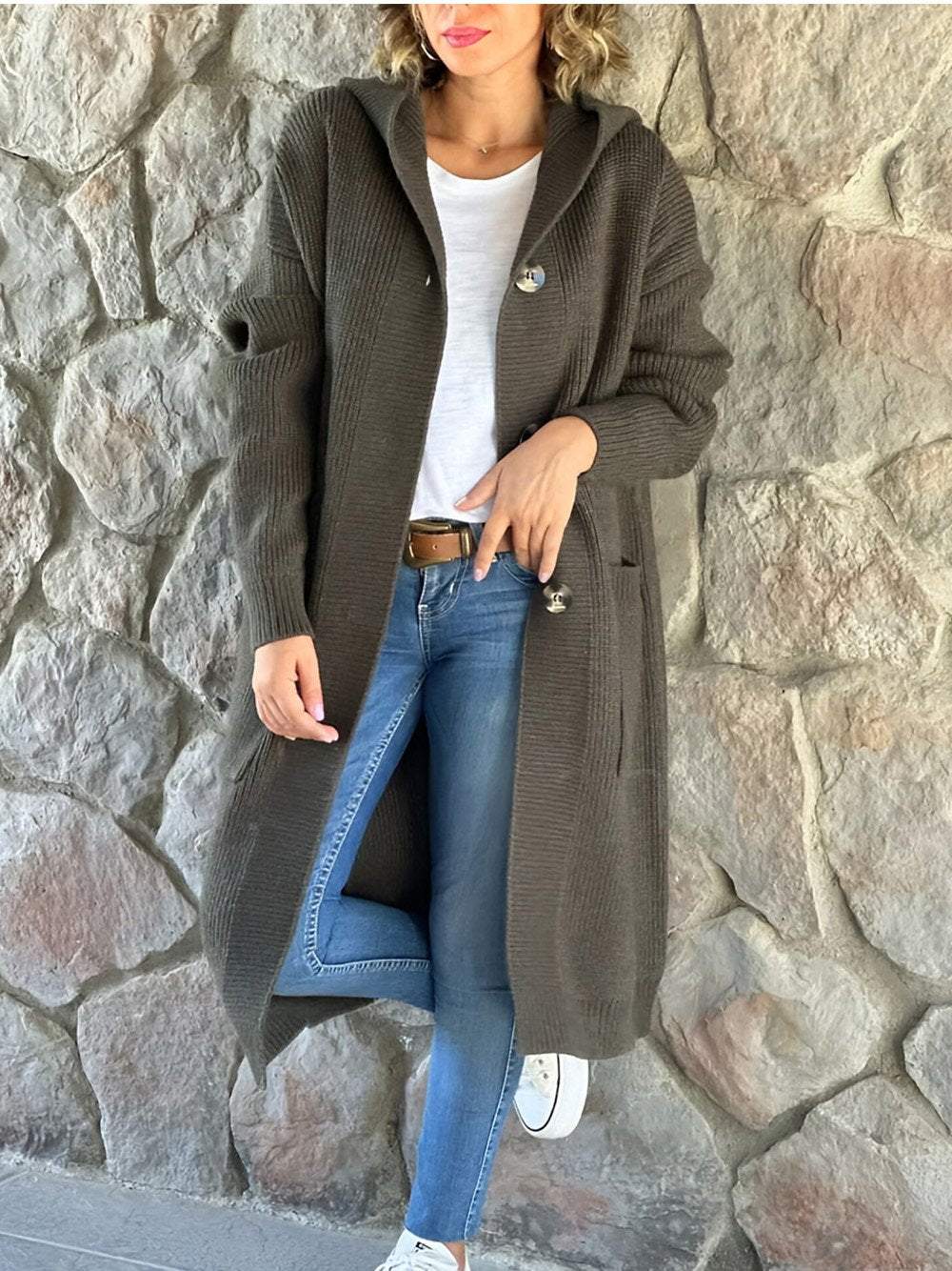 Beige knitted hooded jacket for women