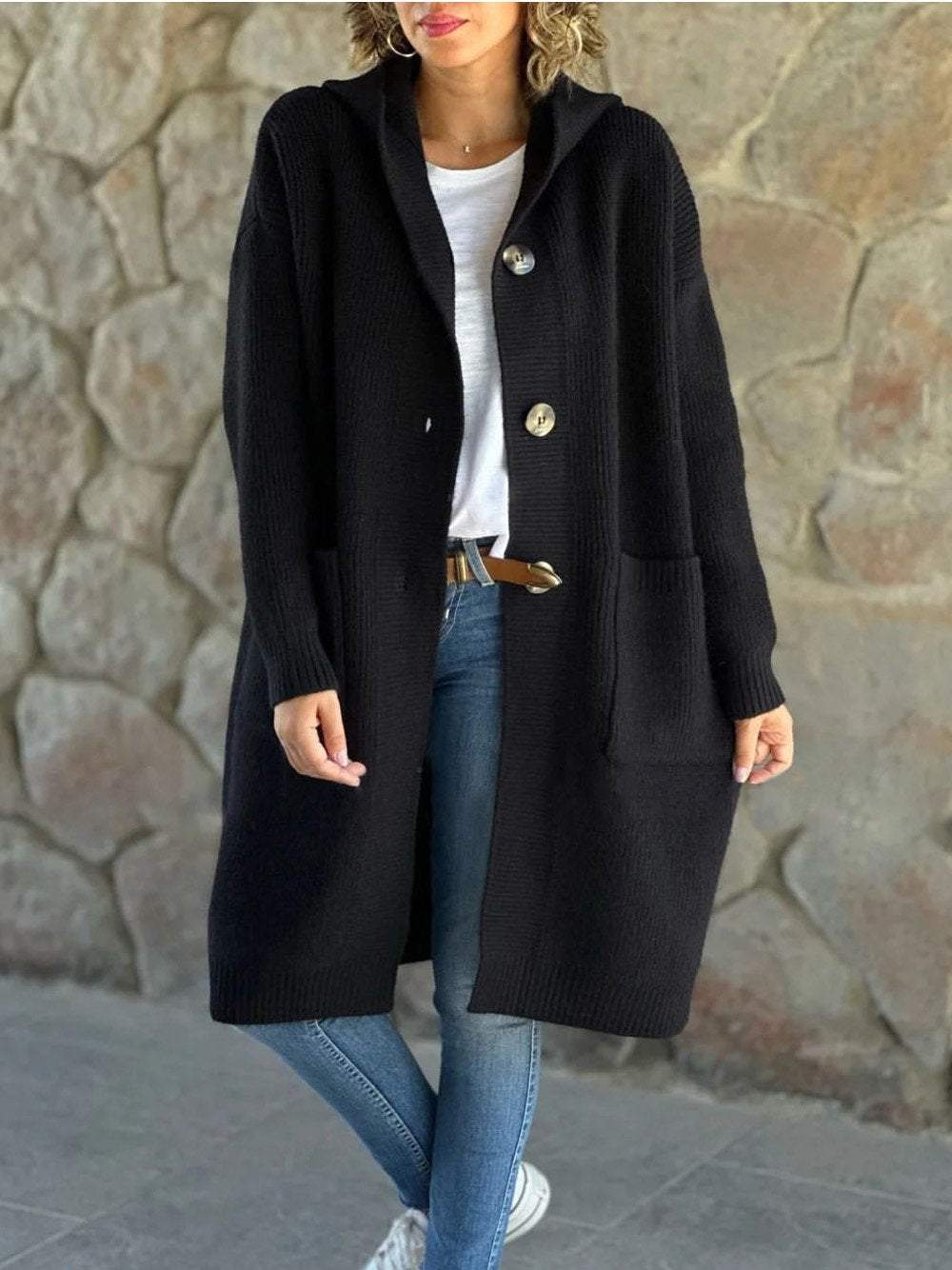 Beige knitted hooded jacket for women