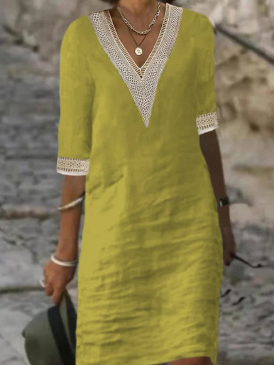 Chic linen-blend dress with V-neck and lace trim