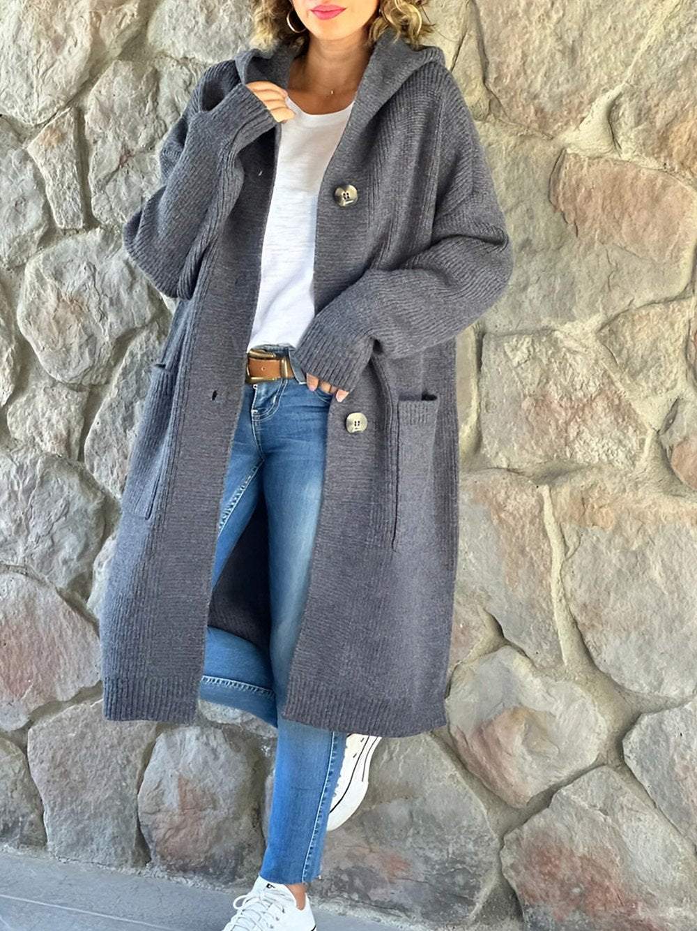 Beige knitted hooded jacket for women