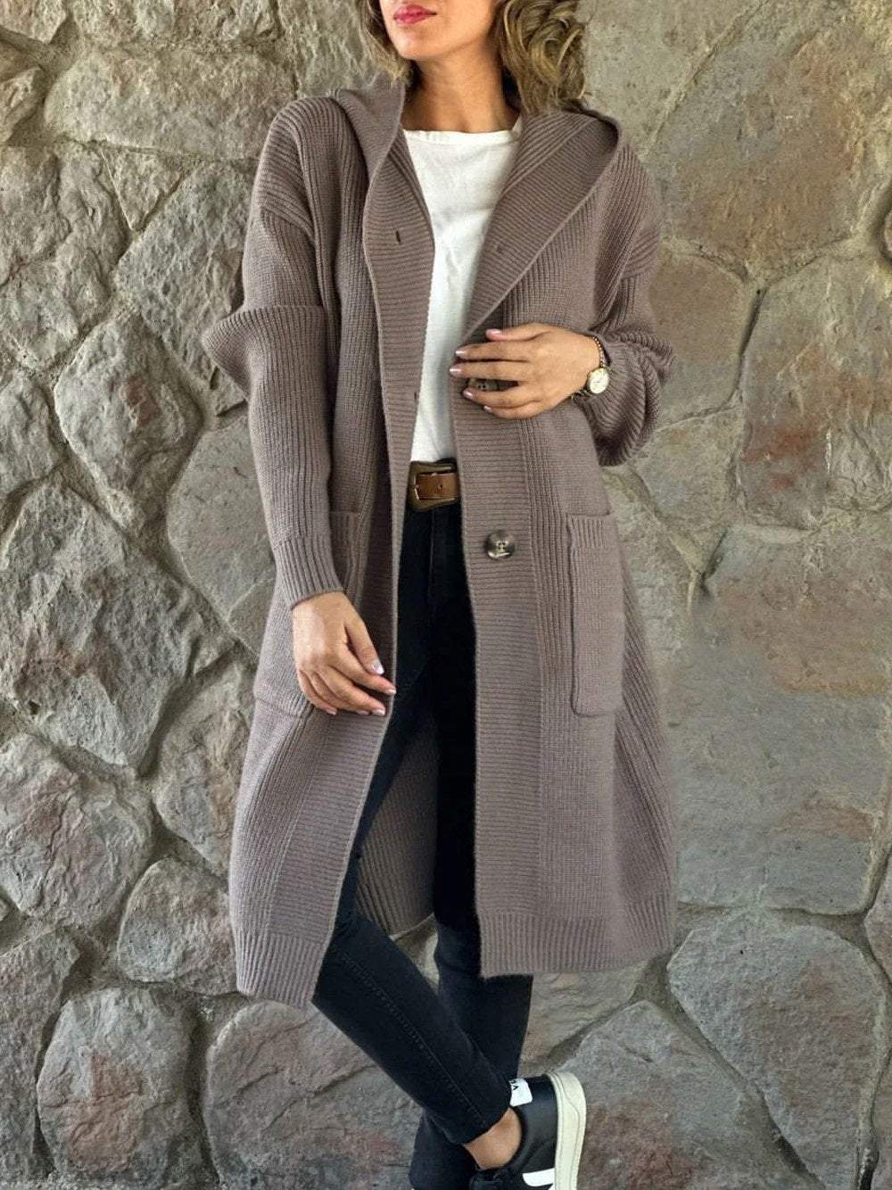Beige knitted hooded jacket for women