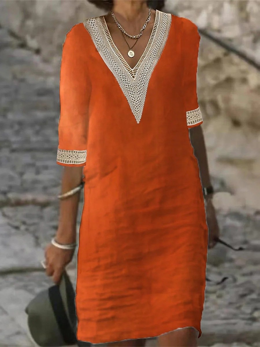 Chic linen-blend dress with V-neck and lace trim