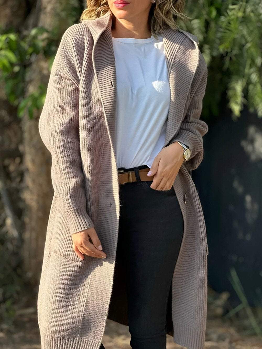 Beige knitted hooded jacket for women