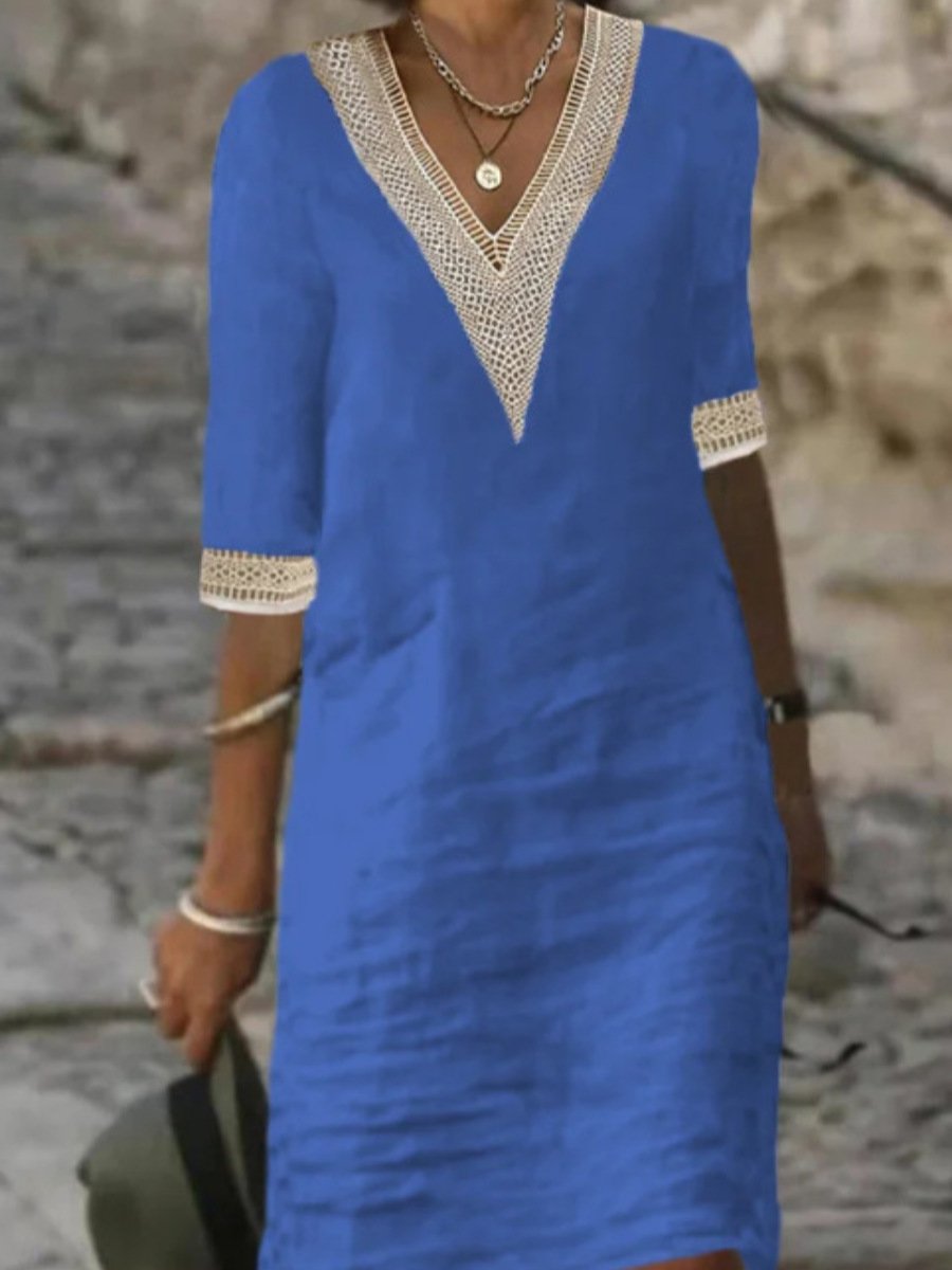 Chic linen-blend dress with V-neck and lace trim