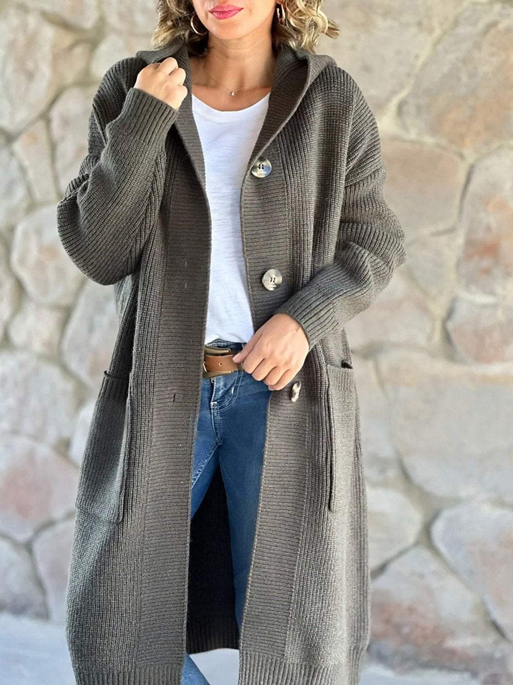 Beige knitted hooded jacket for women