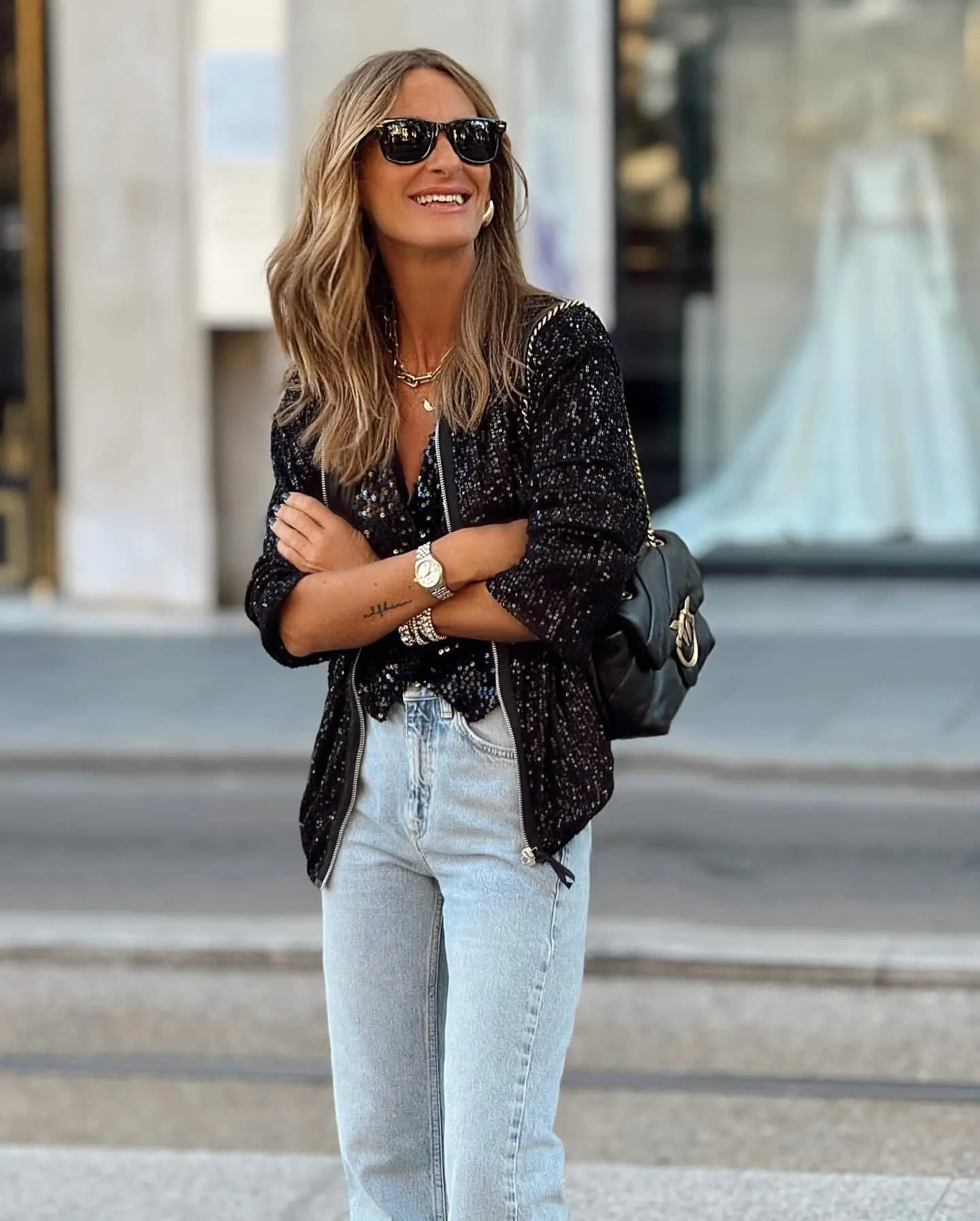 Cora - Shiny Sequin Jacket in Casual Bomber Style with Zip