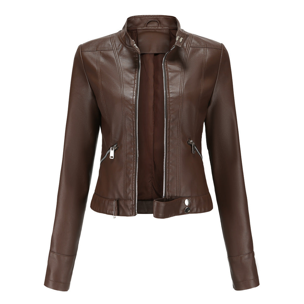 Women's PU leather jacket with zipper, high collar and belt