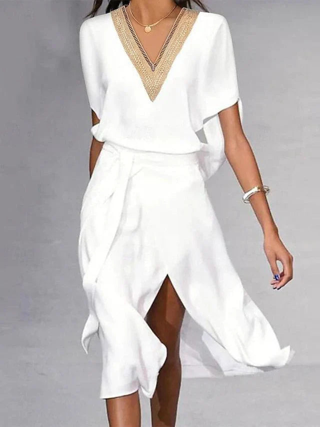 Isabella Women's Midi Dress - Elegant White Dress with Cheeky Neck and Timeless Minimalist Design