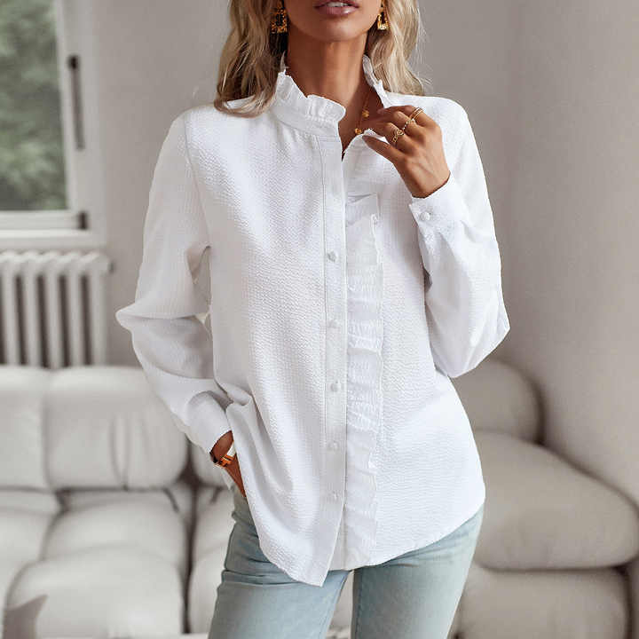 Elegant long-sleeved women's blouse with stand-up collar