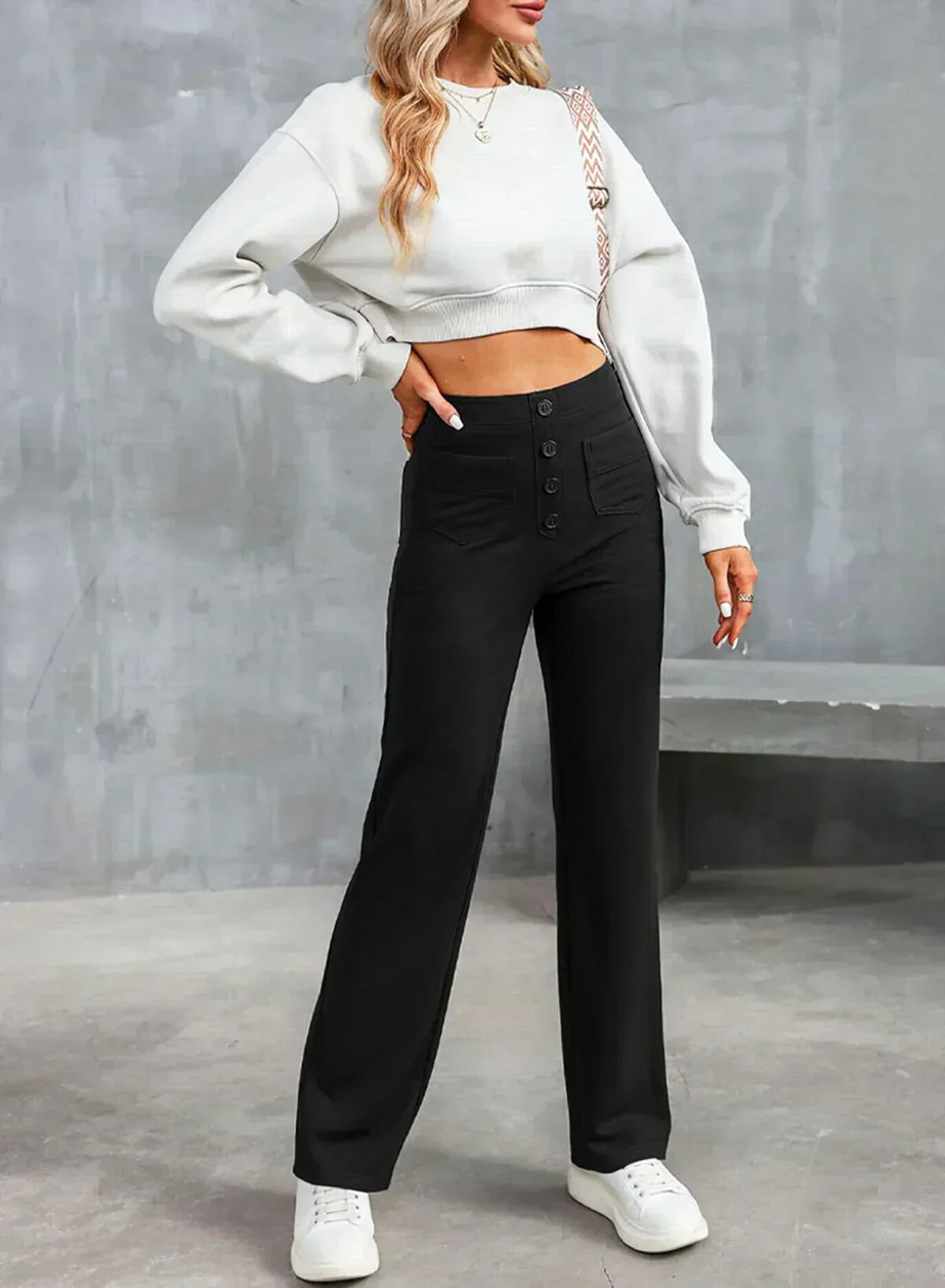 High-waisted women's trousers with button placket and stretch